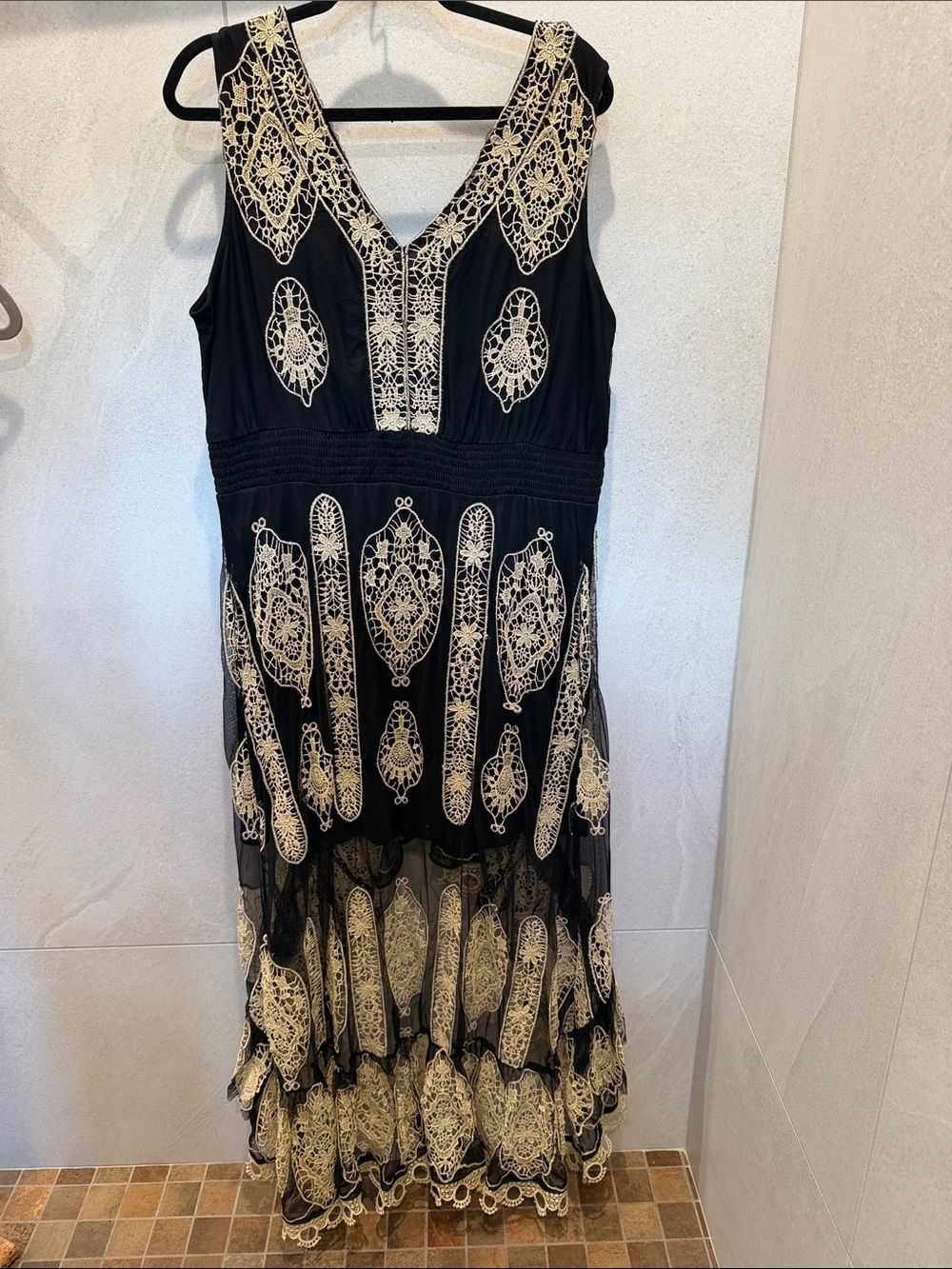 Boston Proper Black Maxi Dress with Ivory Lace Embroidery